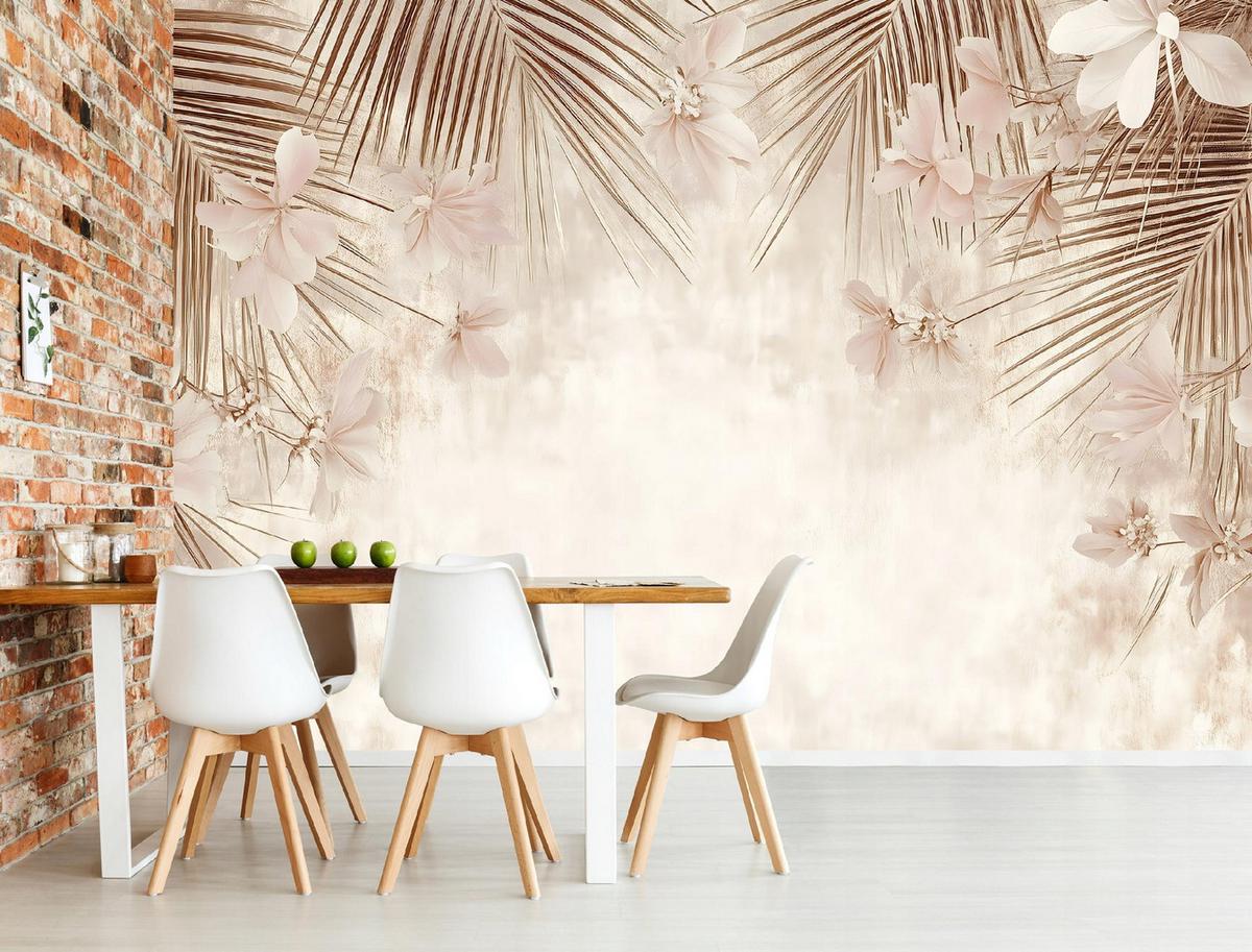 FOTOTAPETE Blätter Vintage Beige Beton Wohnzimmer Tapete 150x105 - Beige, Papier (150/105cm) - Wallarena