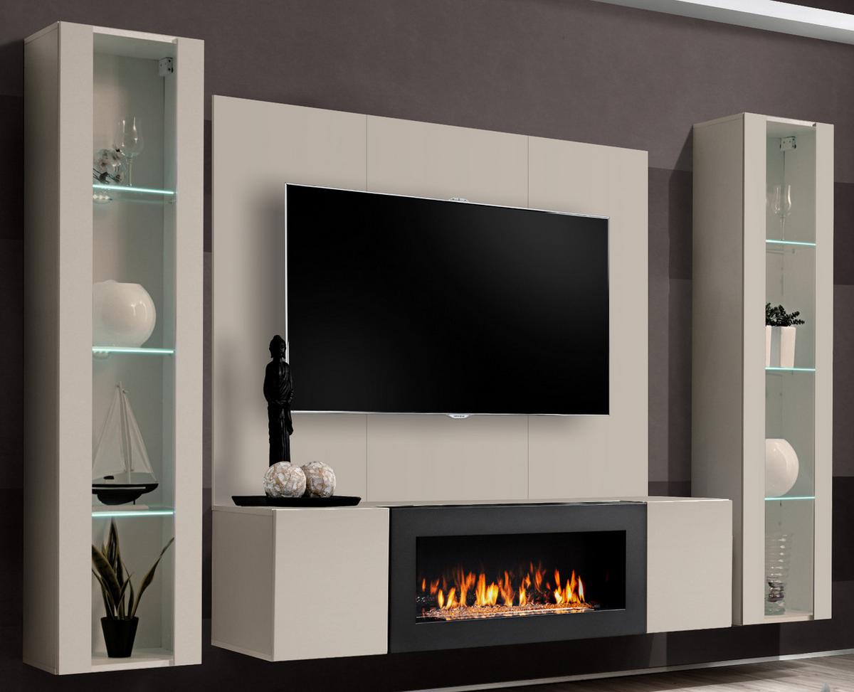WOHNWAND Kaschmir 4-teilig 260 cm hängend, Schrankwand mit LED-Beleuchtung und Ethanol Kamin - Kaschmir, Glas/Holzwerkstoff (260/170/40cm) - Inn.Furn