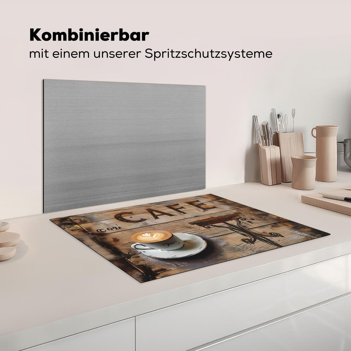 HERDABDECKPLATTE Cafe - Holz - Kaffee - Regale Herdabdeckung Induktionsfeld 70x52 cm - Schwarz, Kunststoff (70/52/0.2cm) - MuchoWow