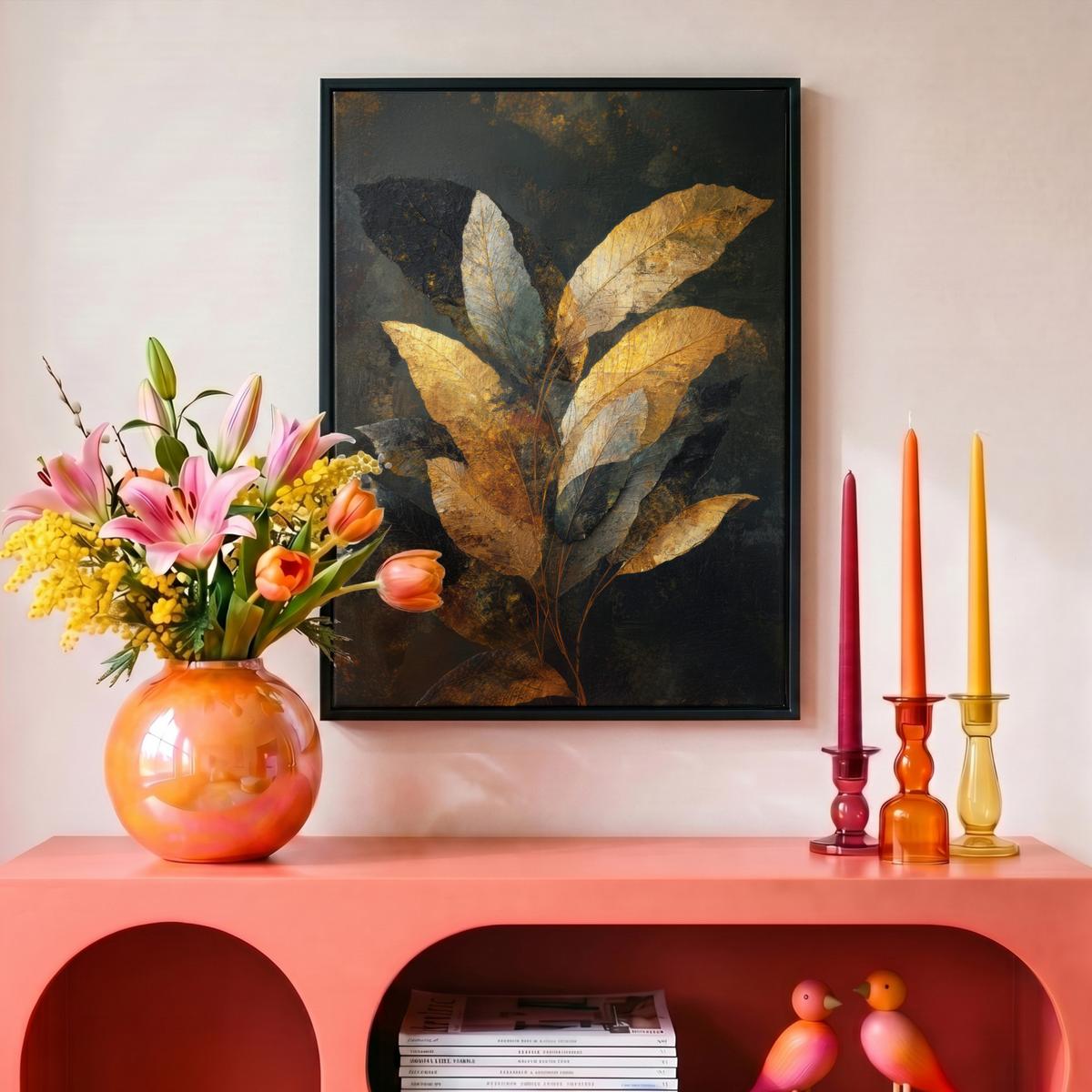LEINWAND Bilder mit Rahmen - Golden Leaf Komposition - Botanical Luxury - 30x40 - Goldfarben, Textil (30/40cm) - MuchoWow