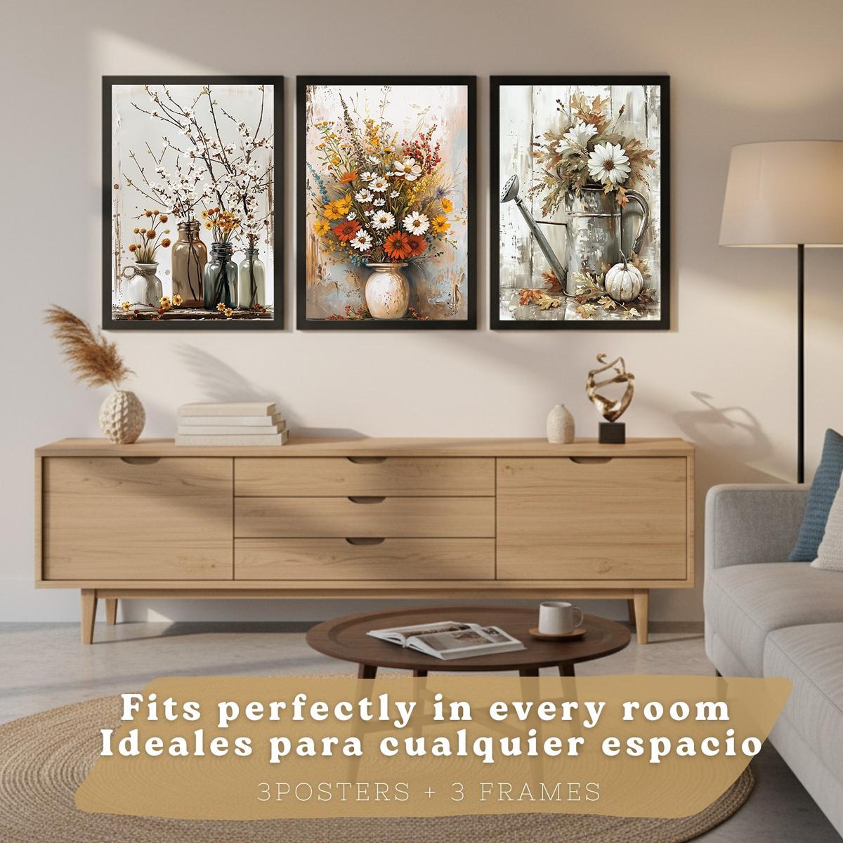POSTER 3er Bilder-Set Wandbilder Blumen Vasen modern Wohnzimmer Deko, Schlafzimmer, Küche, Badezimmer Schwarzer Rahmen A4 - Schwarz, Papier (29.7/1/21cm) - Nacnic