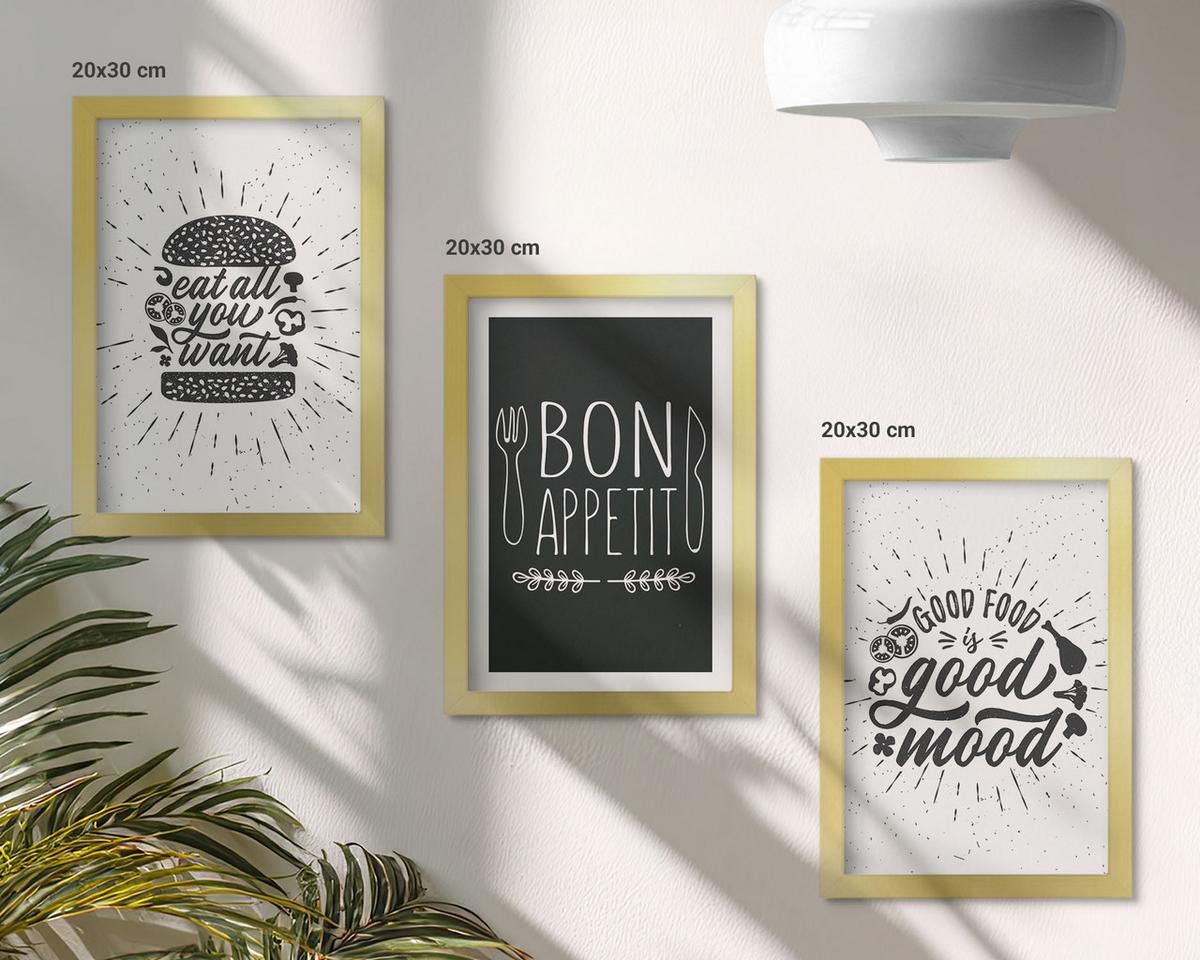 BILDER SET 3er Set - 20x30 cm Goldrahmen - Grafiken, Lebensmittel, kulinarische Slogans - Goldfarben, Kunststoff (20/30cm) - TULUP