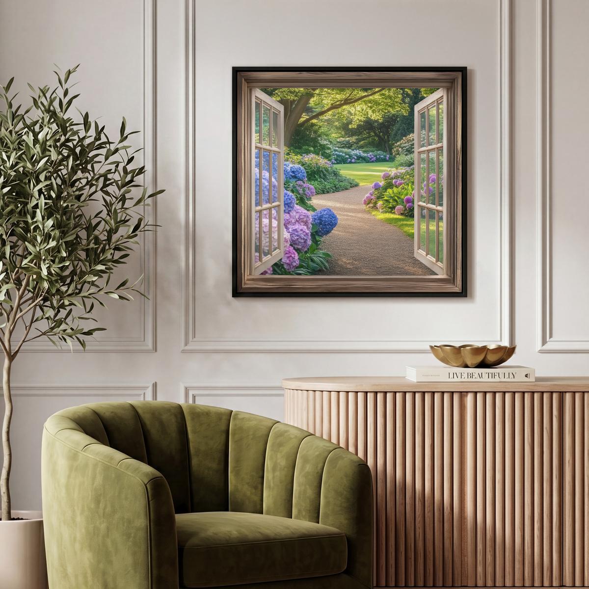 LEINWAND Bilder mit Rahmen - Aussicht - Garten - Fenster - Hortensie - Blumen - 50x50 - Pastellblau, Textil (50/50cm) - MuchoWow
