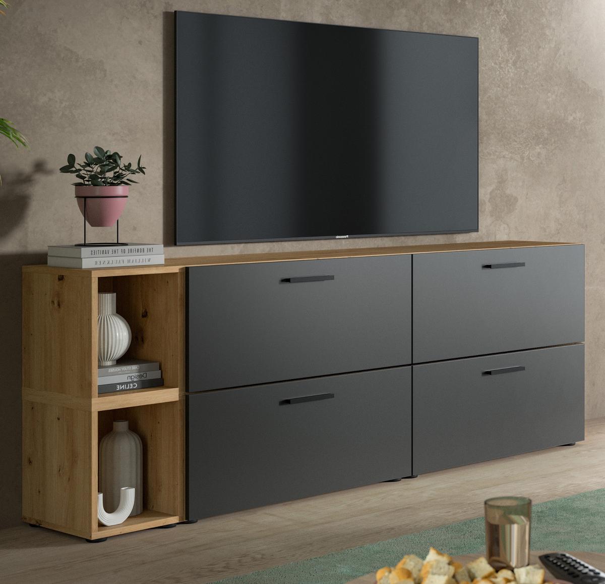 TV-LOWBOARD grau, Eiche Artisan 176 cm, Fernsehtisch hängend / stehend - Schwarz/Eiche Artisan, Holzwerkstoff/Kunststoff (176/67/34cm) - Inn.Furn