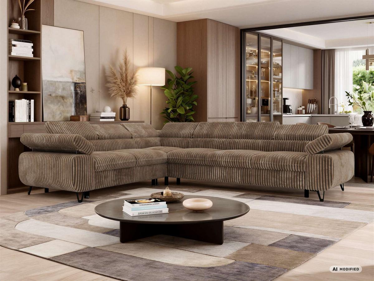 ECKSOFA NORDEN L - Braun Cord - Rechts Seite - Schwarz/Braun, Textil/Metall (329/269cm) - MKS