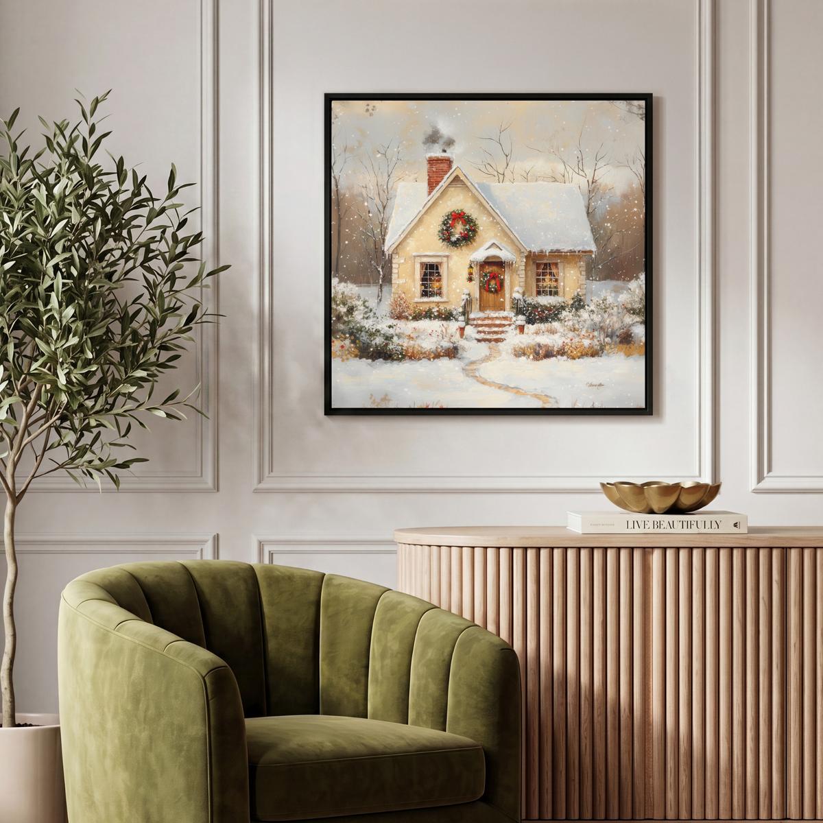 LEINWAND Bilder mit Rahmen - Weihnachten - Zuhause - Winter - Schnee - 50x50 - Creme, Textil (50/50cm) - MuchoWow