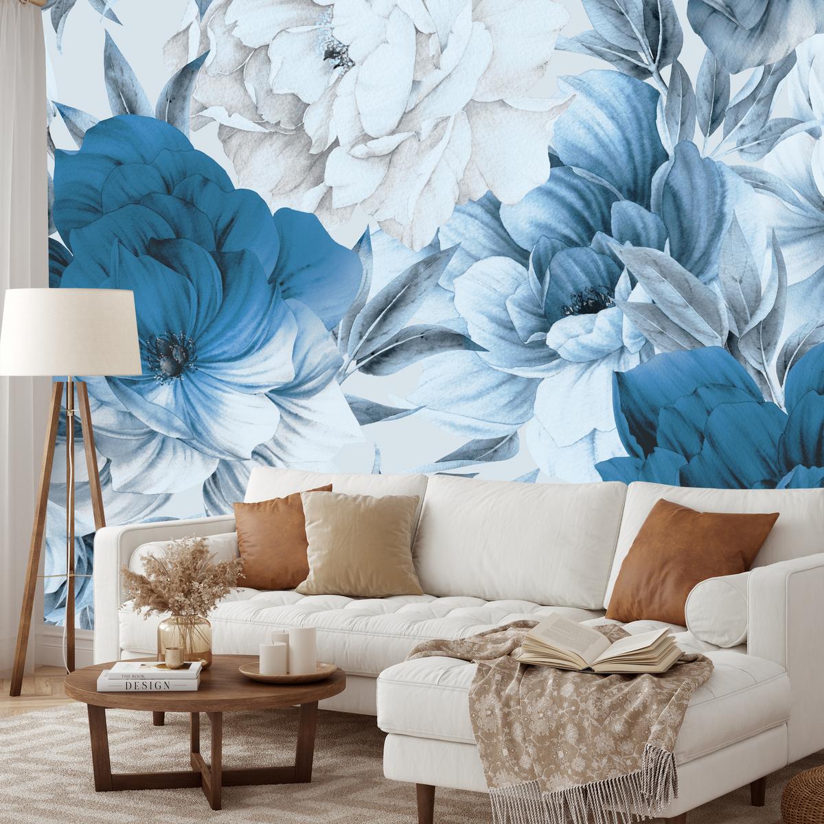 FOTOTAPETE für Wohnzimmer Blaue Pfingstrosen Zart Blumen Boho 200x140 - Blau/Weiß, Papier (200/140cm) - Muralo