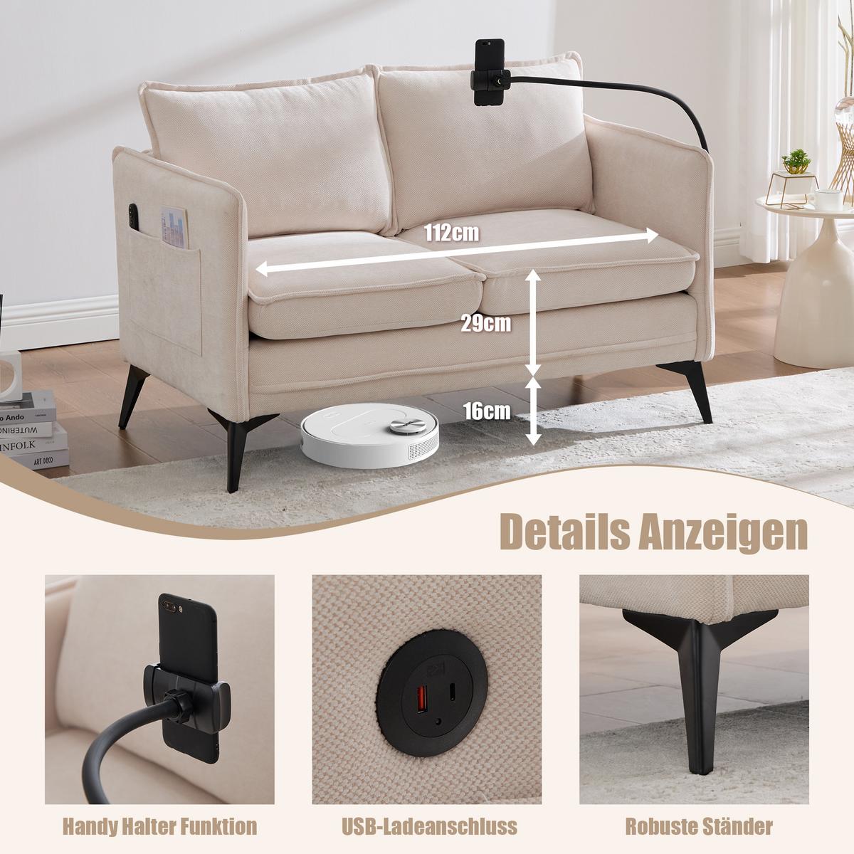 2-SITZER SOFA Chenille Mit Handy-Halter & Seitentaschen - Beige, Textil (127/66/69cm) - Urban Meuble