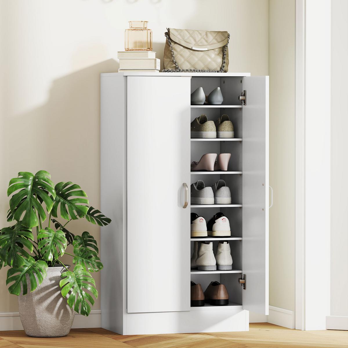 SCHUHSCHRANK mit Soft-Close-Tür, verstellbare Regale, für 14 Paare, Weiß - Alufarben/Weiß, Holzwerkstoff/Metall (55/108/35cm) - HOMCOM