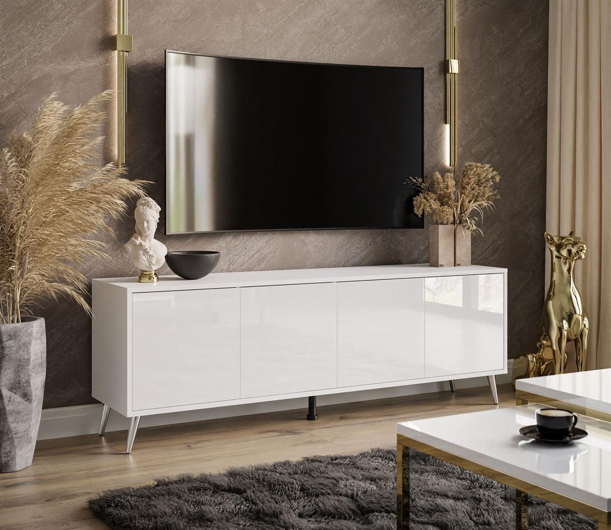 TV-ELEMENT SANAYI auf verchromten Beinen Hochglanz Weiß - Chromfarben/Weiß Hochglanz, Holzwerkstoff (156/54/38cm) - Lookway