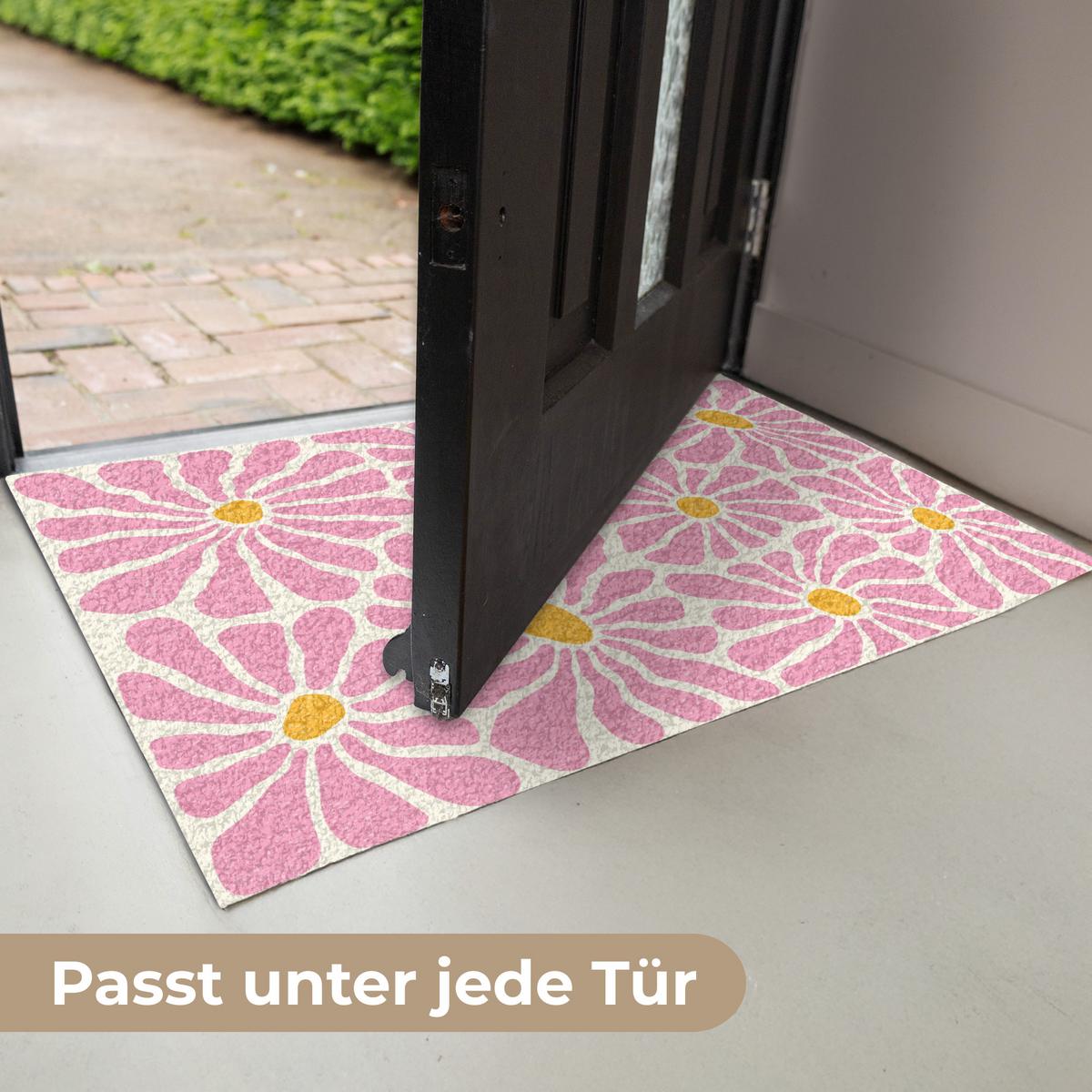 FUSSMATTE Blumen - Muster - Rosa - Beige - Orange Sauberlaufmatte 90x60 cm - Rosa, Kunststoff (90/0.4cm) - MuchoWow