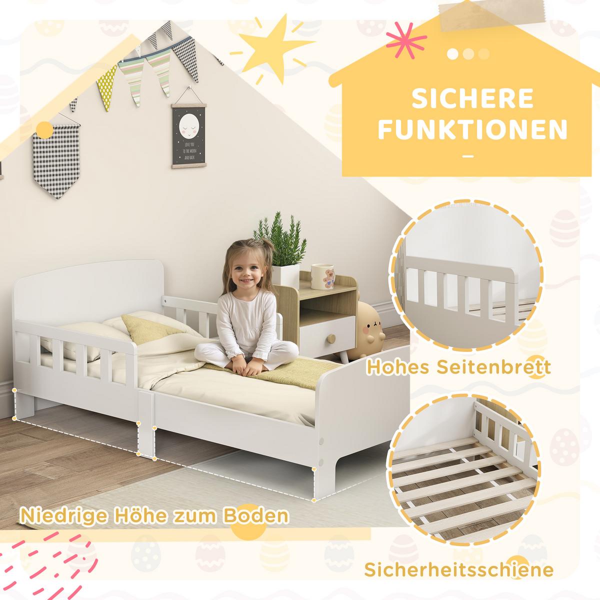 KINDERBETT, Kleinkindbett mit Rausfallschutz, Lattenrost, 143,5 x 74,2 cm Weiß - Weiß, Holzwerkstoff (70/140cm) - AIYAPLAY