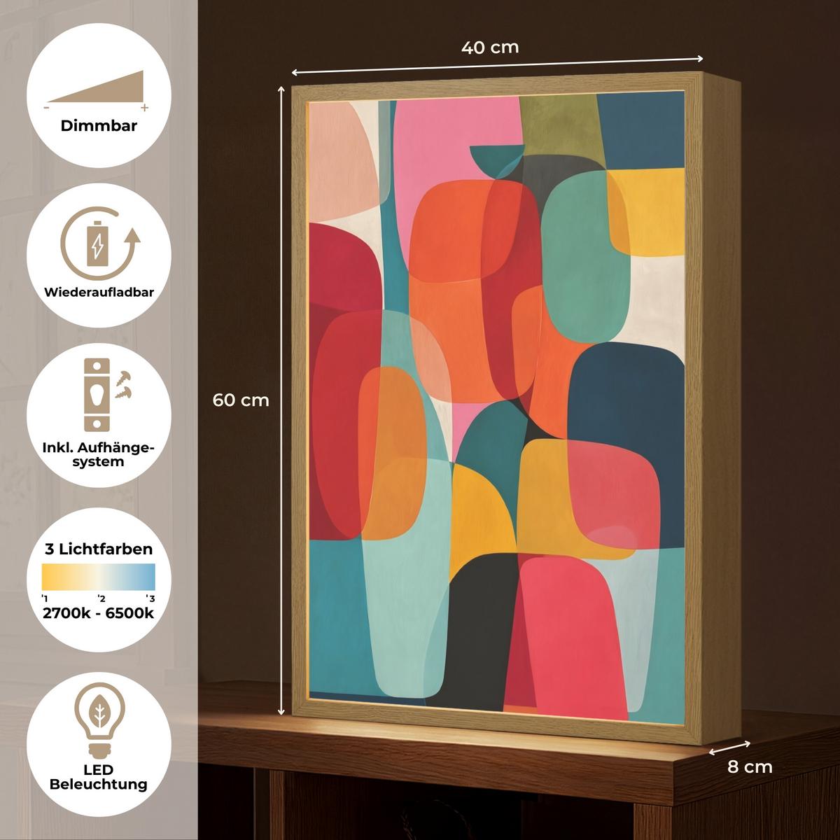 WANDLEUCHTE MIT AKKU Formen - Bunt - Abstrakt - Flugzeuge 40x60 cm - Multicolor, Holzwerkstoff (40/60/8cm) - OnlyWow