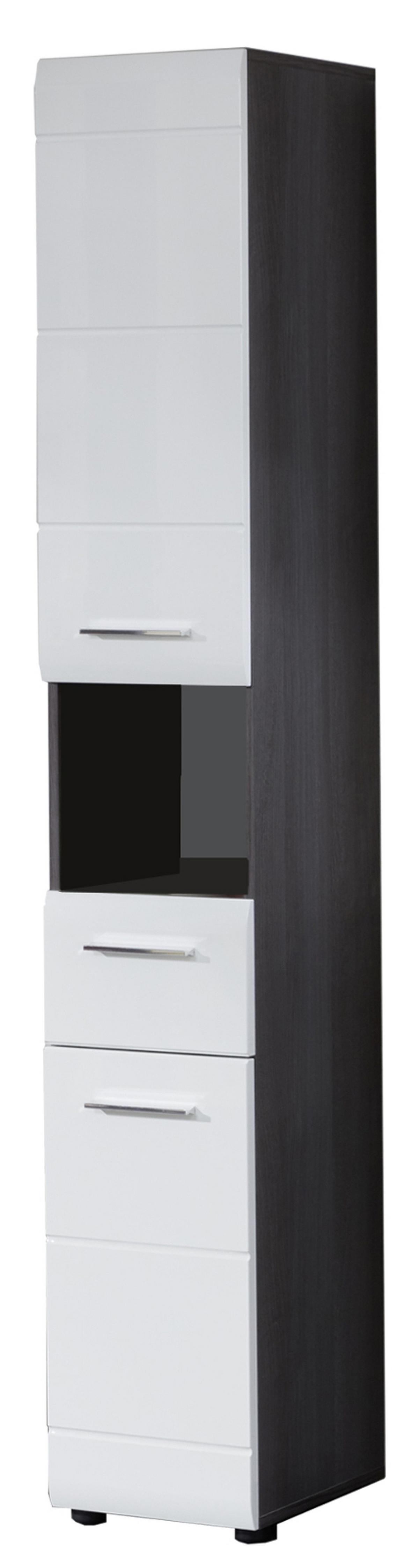 HOCHSCHRANK weiß Hochglanz, grau Rauchsilber 30 cm, Badschrank wechselbarer Türanschlag - Weiß Hochglanz/Silberfarben, Holzwerkstoff/Kunststoff (30/182/31cm) - Top.Furn