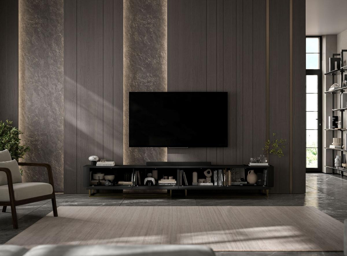 TV-LOWBOARD 2er-Set Aurora Schwarz matt 280 cm mit Metallrahmen - Goldfarben/Schwarz, Holzwerkstoff/Metall (280/44/35cm) - Meble Lindner