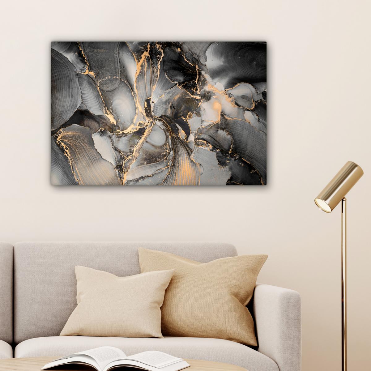 LEINWANDBILD Grau - Luxus - Gold - Marmor Gemälde 60x40 cm - Dunkelgrau, Textil (60/40cm) - MuchoWow
