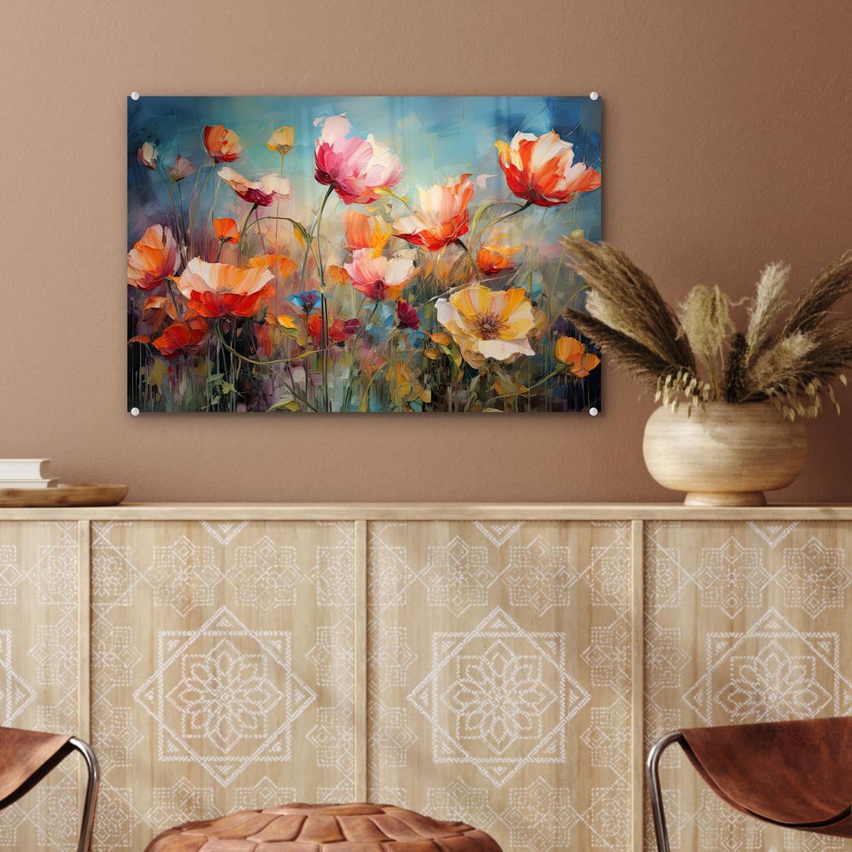 ACRYLGLASBILD Blumen - Aquarell - Kunst - Botanisch - Natur Wanddeko 60x40 cm - Orange, Glas (60/40cm) - MuchoWow
