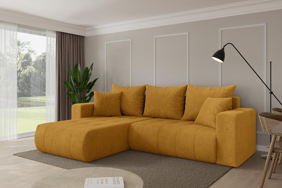 ECKSOFA mit Schlaffunktion Ottomane Links MILA-L 277x194x86 Senfgelb Cord - Dunkelgelb/Schwarz, Holzwerkstoff/Kunststoff (277/194cm) - ALTDECOR