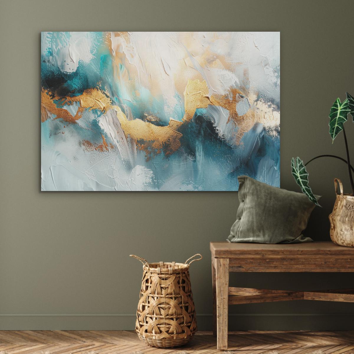 AKUSTIKBILD Abstrakt - Kunst - Gold - Blau Wandbild Wohnzimmer 100x70 cm - Petrol, Kunststoff (100/70/0.9cm) - MuchoWow