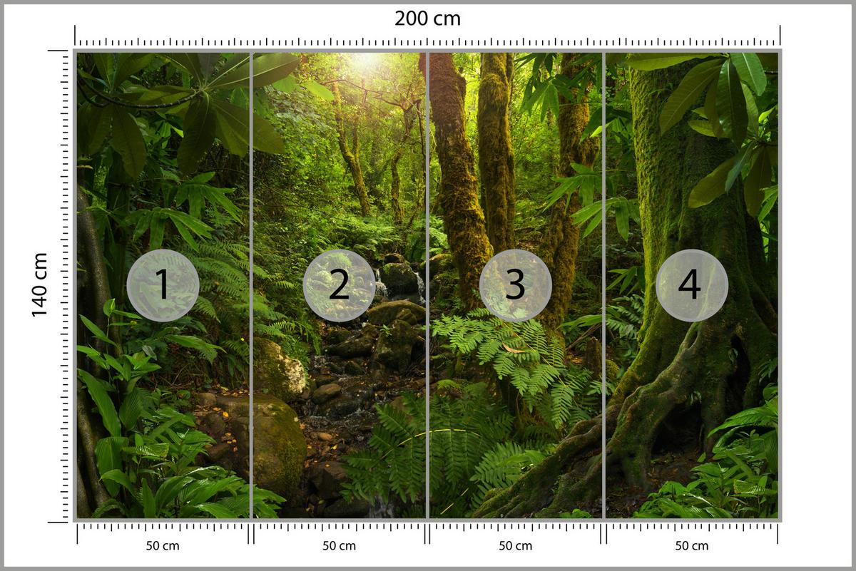 FOTOTAPETE für Wohnzimmer Wilder Dschungel Exotische Bäume Blätter 200x140 - Gelb/Braun, Papier (200/140cm) - Muralo