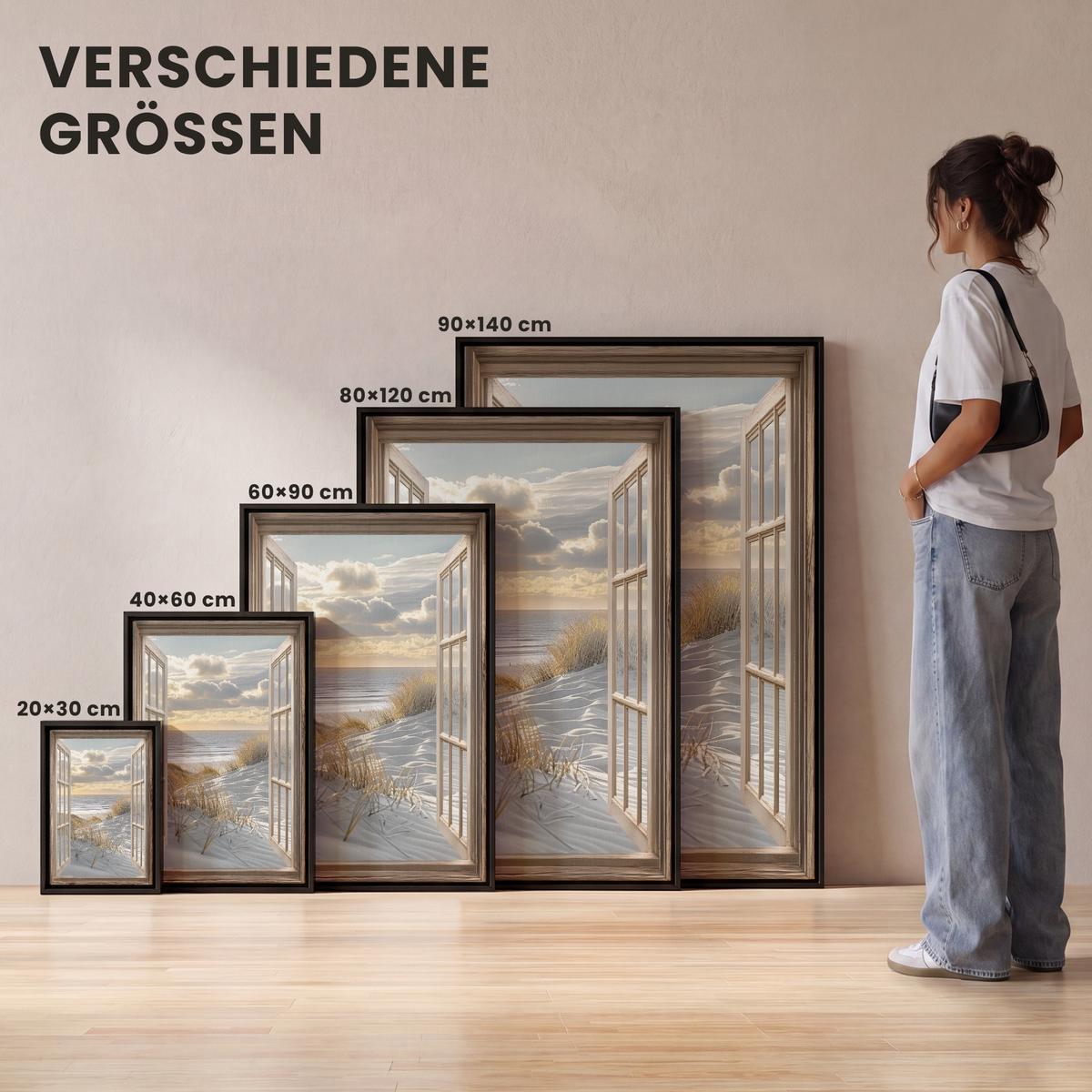LEINWAND Bilder mit Rahmen - Ausblick - Strand - Dünen - Meer - Natur - 80x120 - Sandfarben, Textil (80/120cm) - MuchoWow