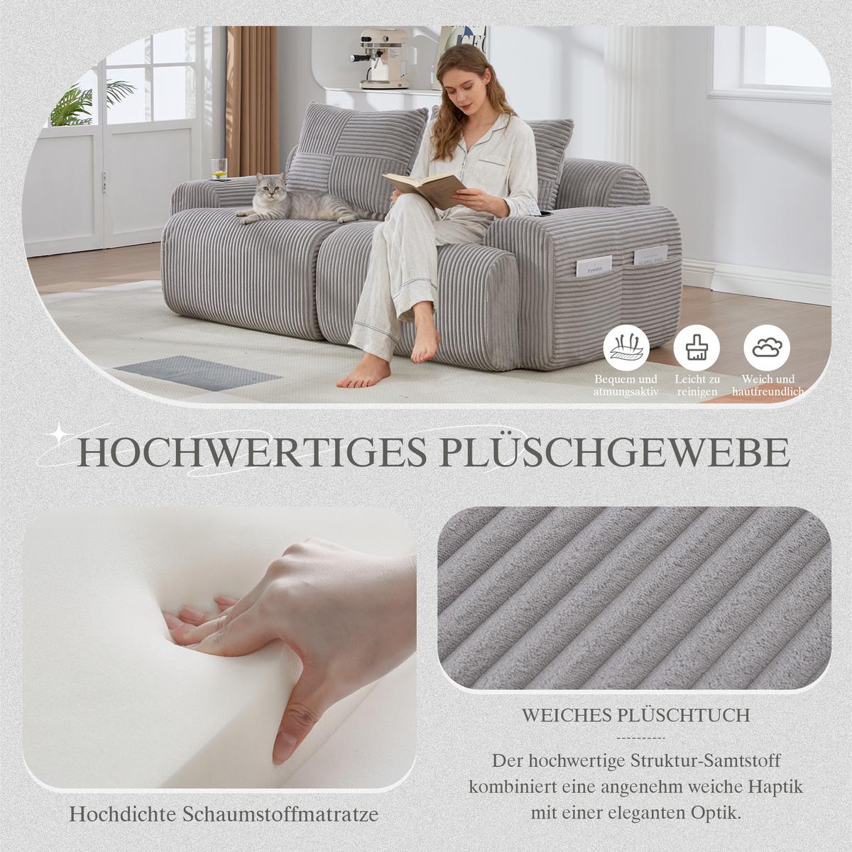 2-SITZER SOFA Modulares Mit Getränkehalter & Stauraum - Hellgrau, Textil (200/80/99cm) - Urban Meuble