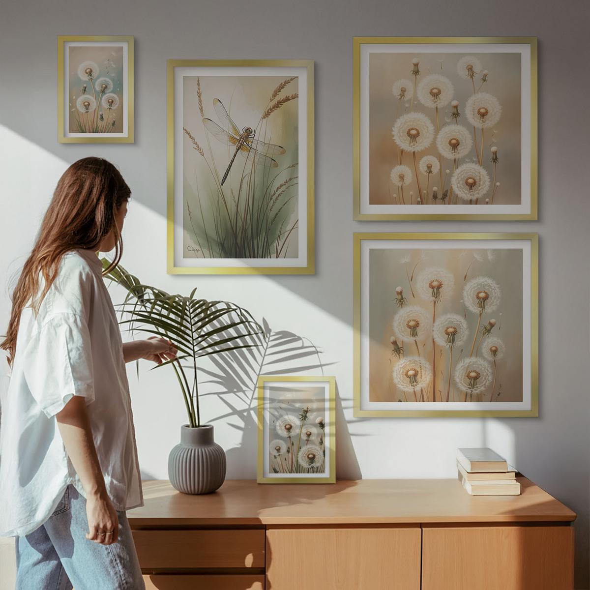BILDER SET 5er Set - 50x50 cm & 20x30 cm & 40x60 cm Goldrahmen - Weiße Löwenzahnblüten auf hellem Hintergrund - Goldfarben, Kunststoff (40/60cm) - TULUP