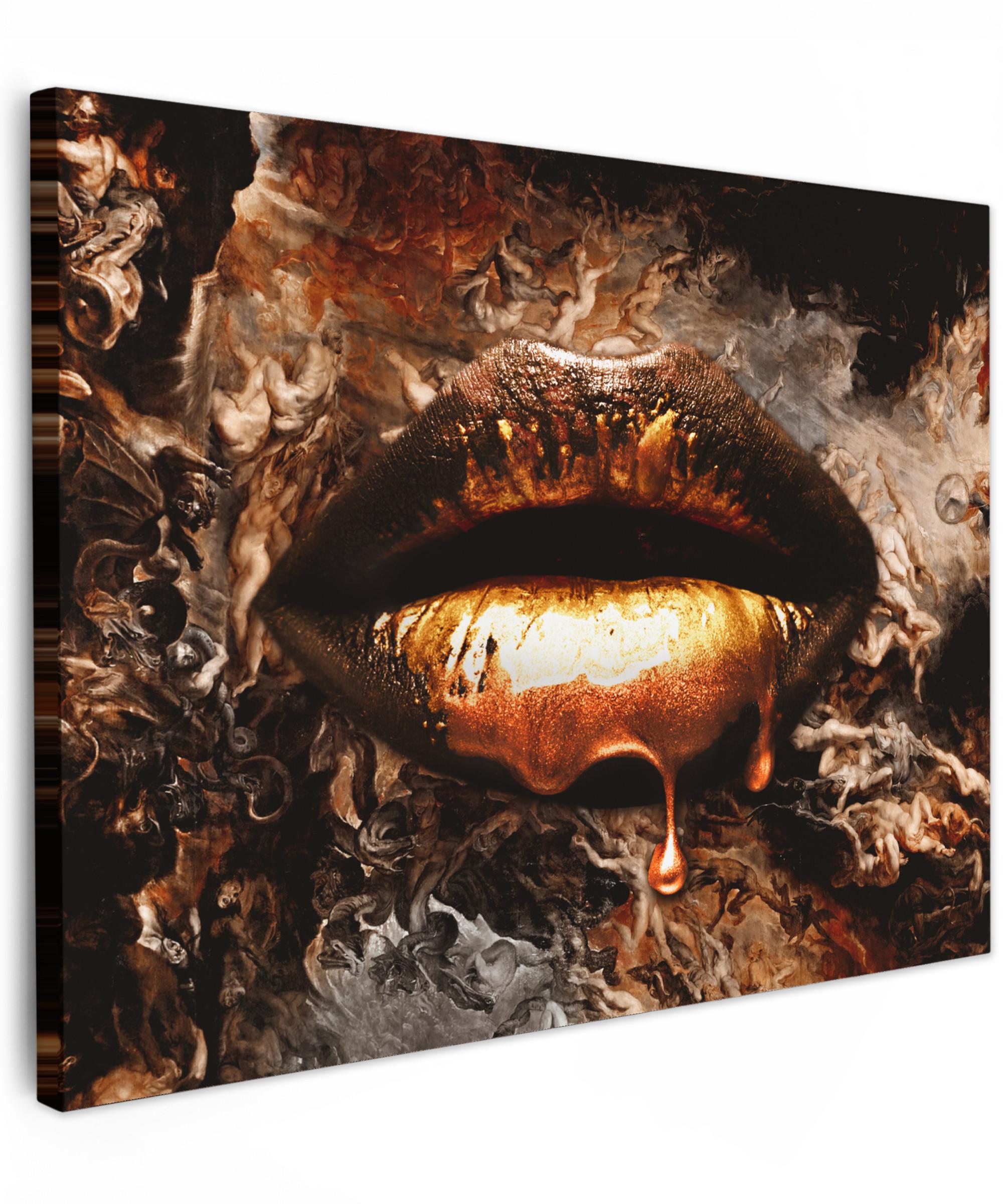 LEINWANDBILD Gold - Lippen - Kunst - Gold - Luxus - Abstrakt Wandbilder 80x60 cm - Kupferfarben, Textil (80/60cm) - MuchoWow