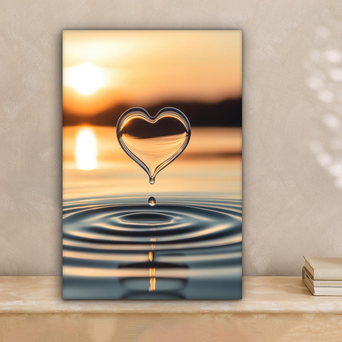 LEINWANDBILD Herz - Wasser - Sonnenuntergang - Natur - Zen Deko Wohnzimmer 20x30 cm - Bernsteinfarben, Textil (20/30cm) - MuchoWow