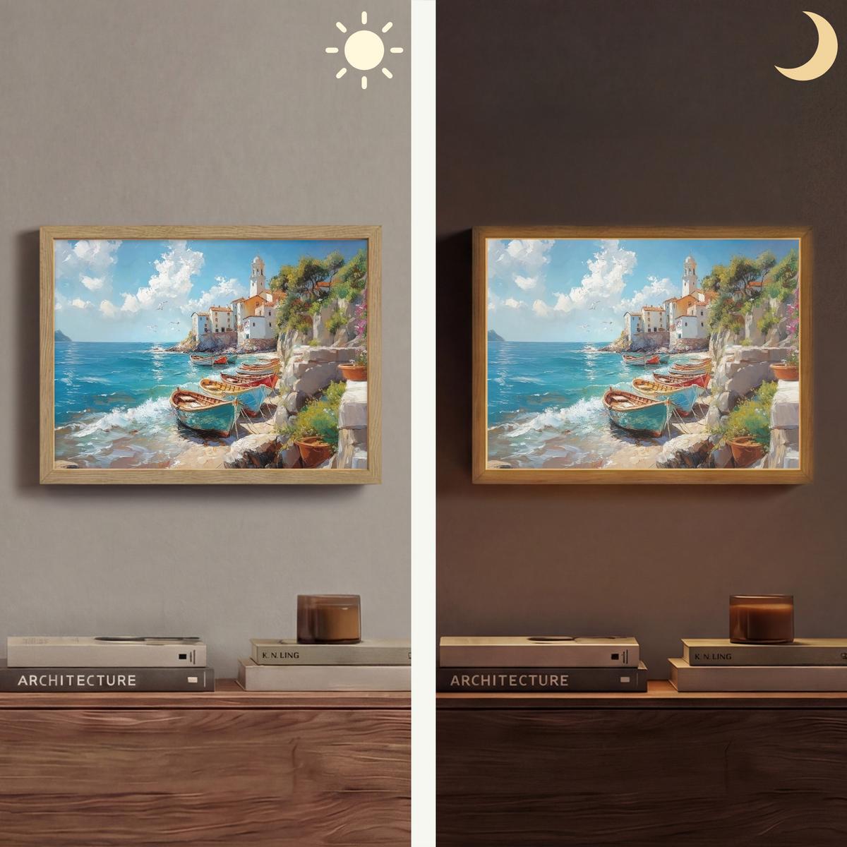 WANDLEUCHTE MIT AKKU Boote - Felsen - Meer - Sonne 40x30 cm - Blau, Holzwerkstoff (40/30/8cm) - OnlyWow