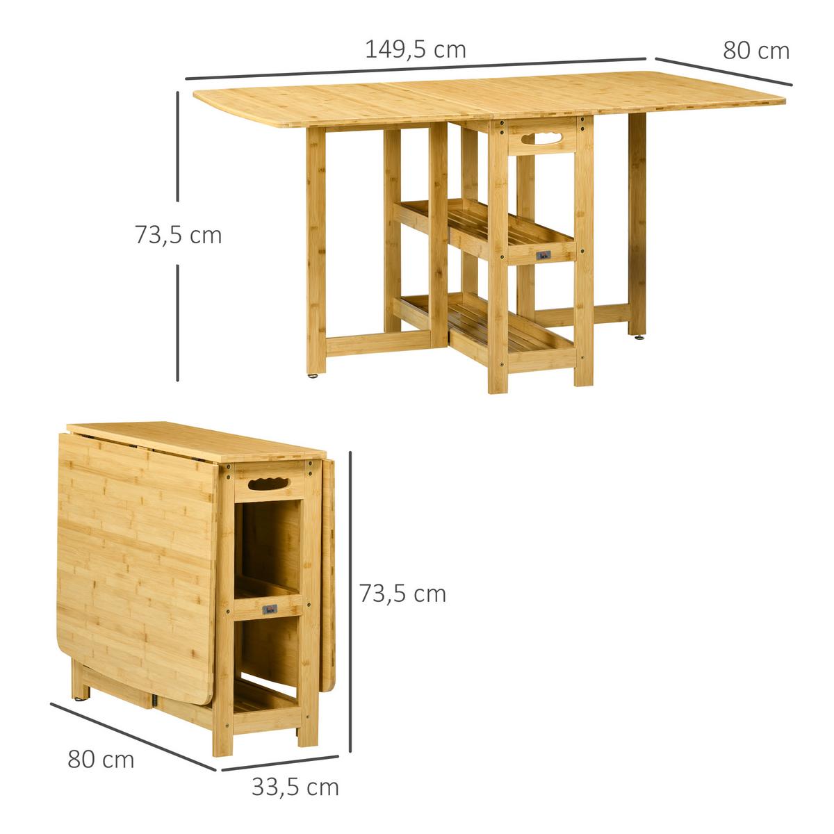 ESSTISCH Klapptisch Küchentisch mit Ablagefächer Esszimmertisch Naturholz - Naturfarben, Naturmaterialien/Bambusholz (149.5/80/73.5cm) - HOMCOM