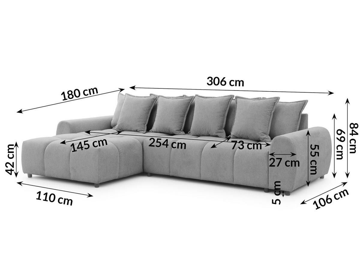 ECKSOFA Bubble mit losen Rückenkissen und Sitzfläche in Bubble-Optik aus weichem Grau Strukturstoff mit schöner Sitzkomfort - Ottomane links - Schwarz/Grau, Holz/Kunststoff (180/306cm) - S-Style Möbel