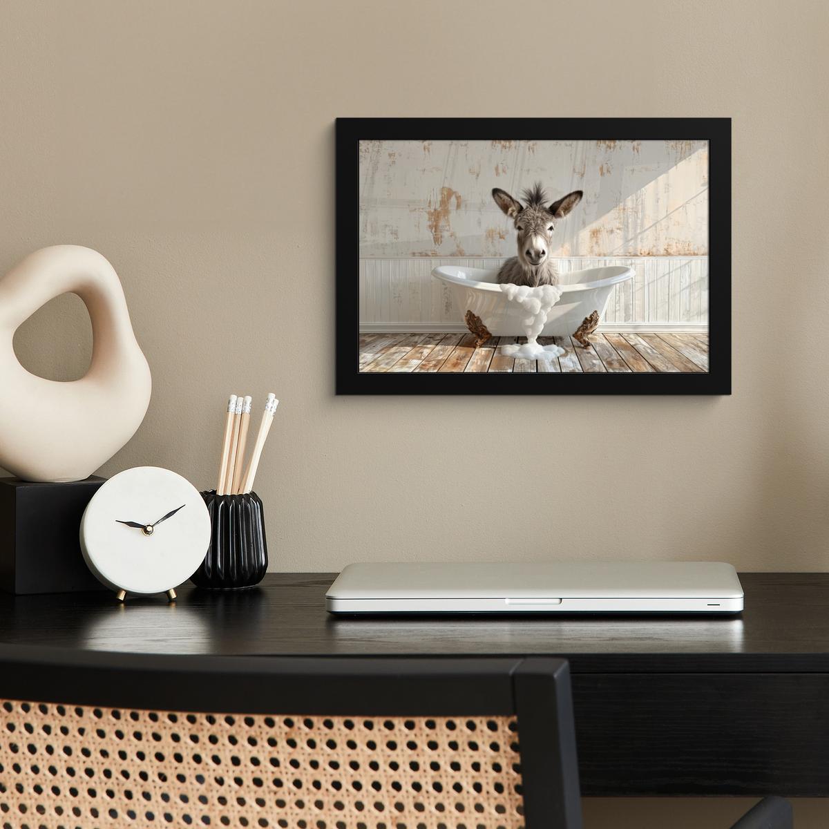 POSTER MIT RAHMENGERAHMTES BILD Esel - Tiere - Badewanne - Schaumstoff 30x20 cm - Weiß, Papier (30/20cm) - MuchoWow