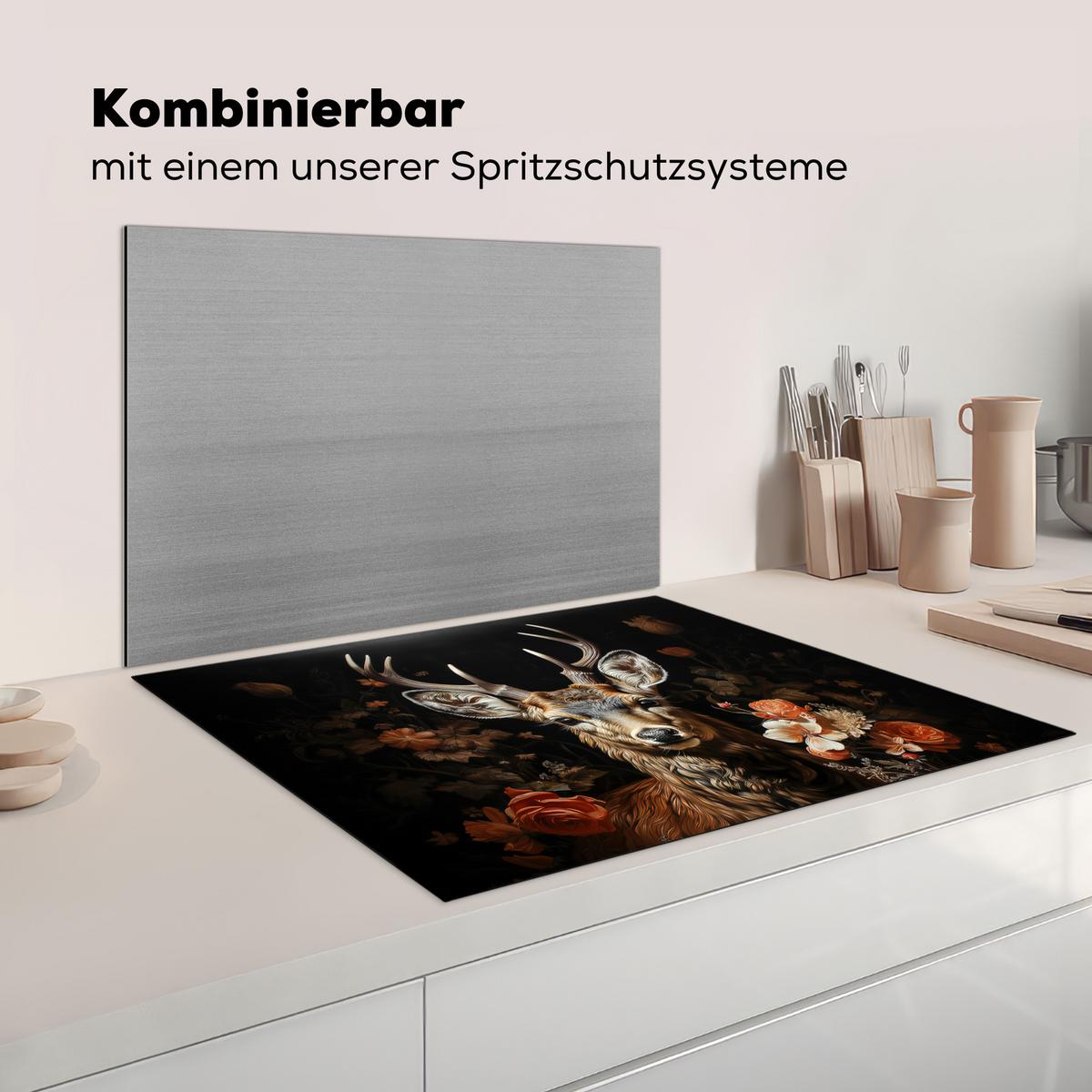 HERDABDECKPLATTE Hirsch - Tier - Blumen - Natur - Botanisch Induktionsmatte 77x59 cm - Kupferfarben, Kunststoff (77/59/0.2cm) - MuchoWow