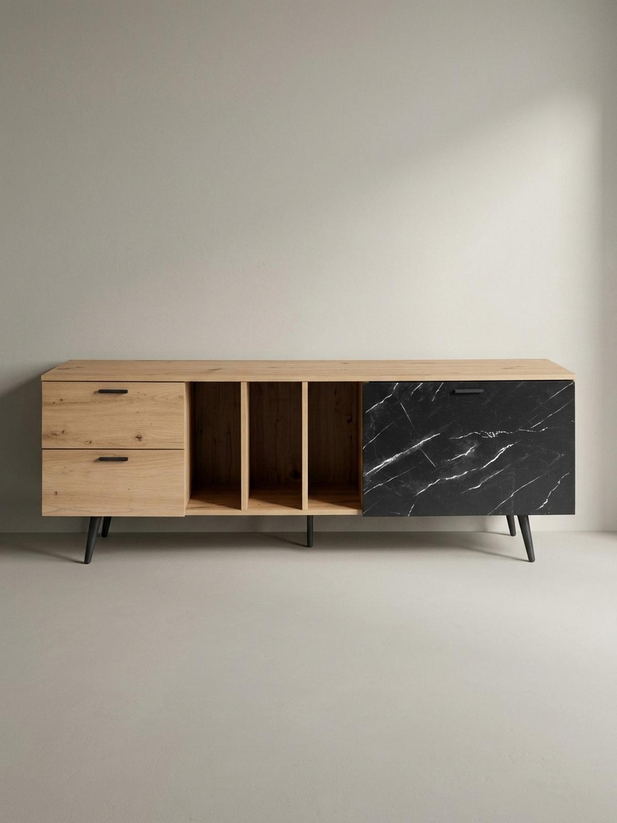 TV-LOWBOARD mit Eiche-Dekor, Tür und Schubladen, kompakte Aufteilung, Braun-Schwarz/Marmoroptik 150x40x55 cm - Anthrazit/Schwarz, Holzwerkstoff/Metall (150/55/40cm) - KADIMA DESIGN