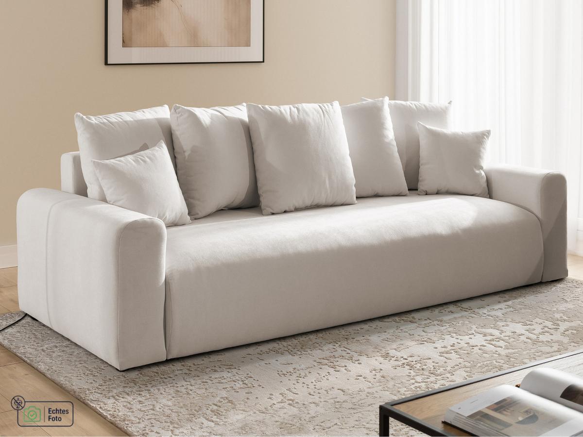 SCHLAFSOFA Calma mit Bettkasten im Bumpy-Design aus weichem Beige Webstoff - Beige/Schwarz, Holz/Kunststoff (239/88/98cm) - S-Style