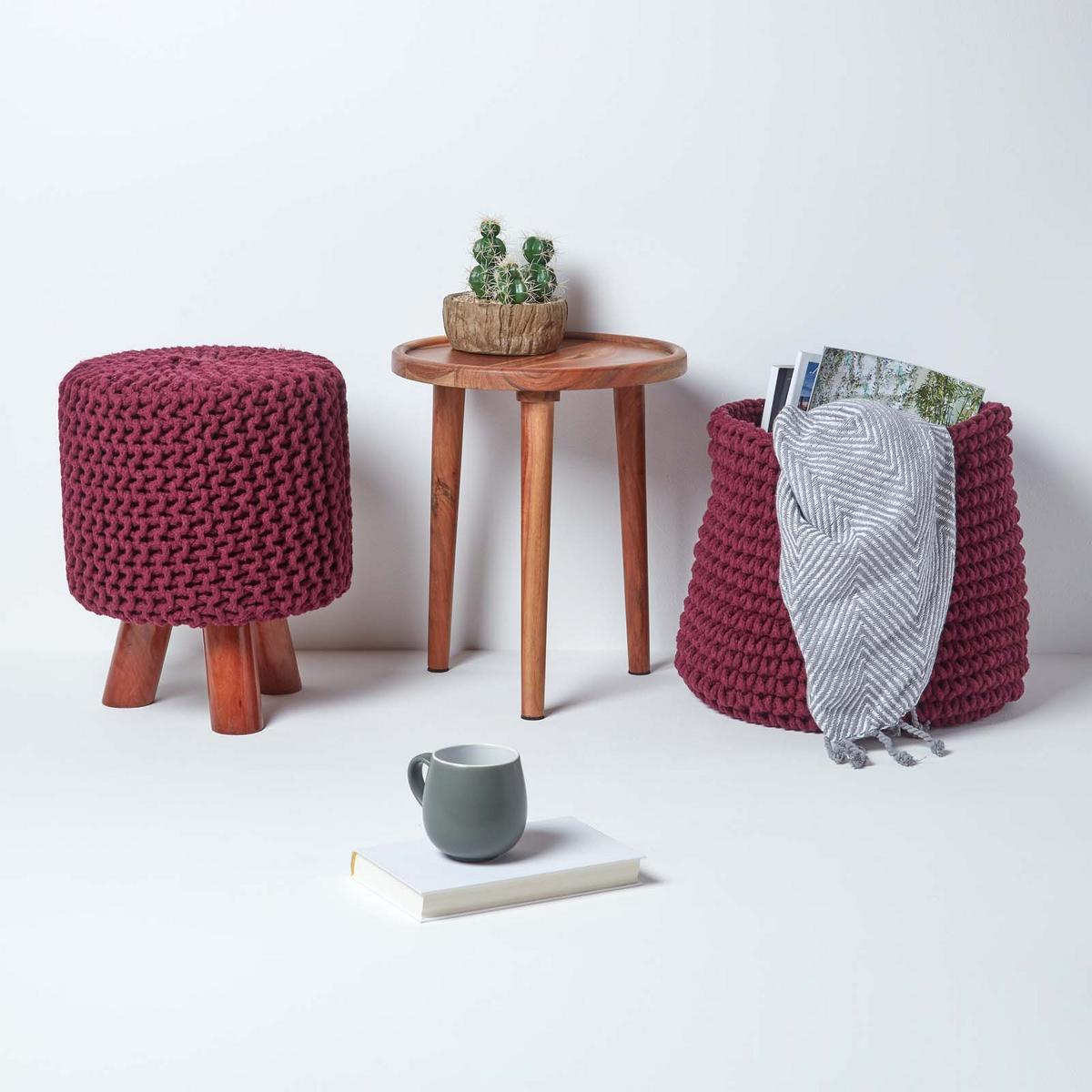 STRICK-HOCKER lila, Dreibein 32/32/42 cm - Violett, Textil (32/42/32cm) - Homescapes