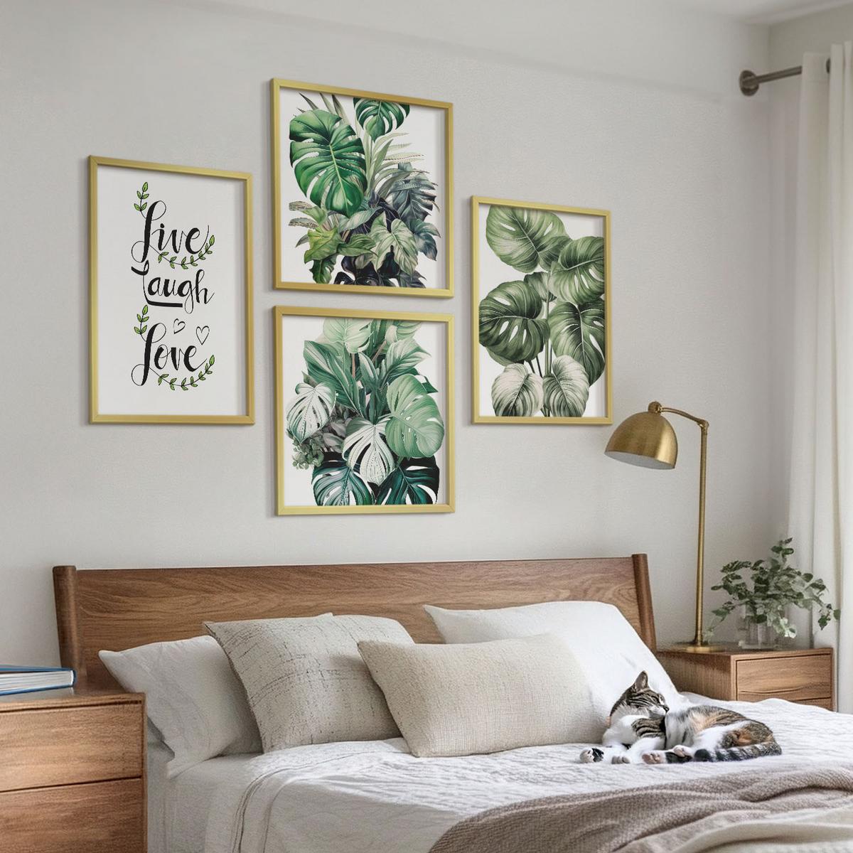 BILDER SET 4er Set - 50x50 cm & 40x60 cm Goldrahmen - Blattpflanzen leben, lachen, lieben - Goldfarben, Kunststoff (50/50cm) - TULUP