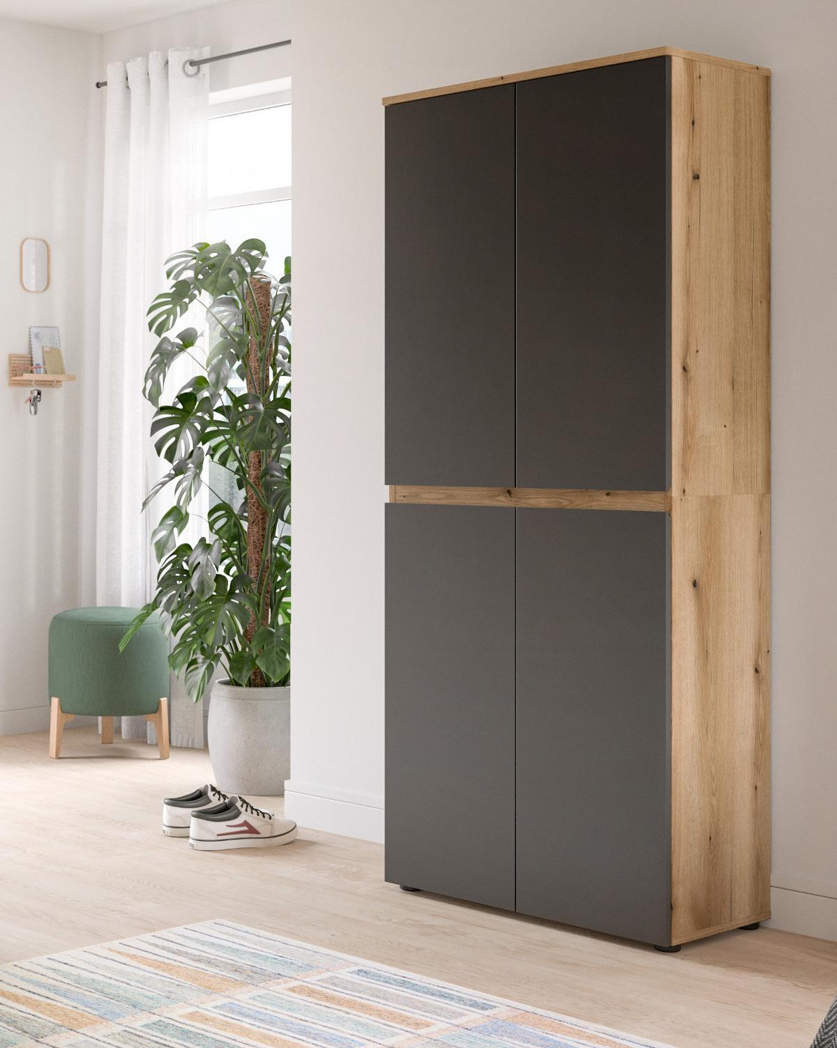 MEHRZWECKSCHRANK grau, Evoke Eiche 70 x 175 cm, Stauraumschrank 4-türig mit 9 Fächern - Eichefarben/Schwarz, Holzwerkstoff/Kunststoff (70/175/37cm) - Inn.Furn