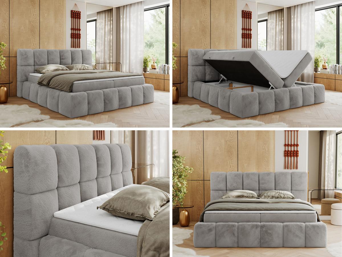 BOXBETT NIRA 180/200 - Hellgrau Plüsch - H3 - Hellgrau, Holz/Textil (180/200cm) - MKS