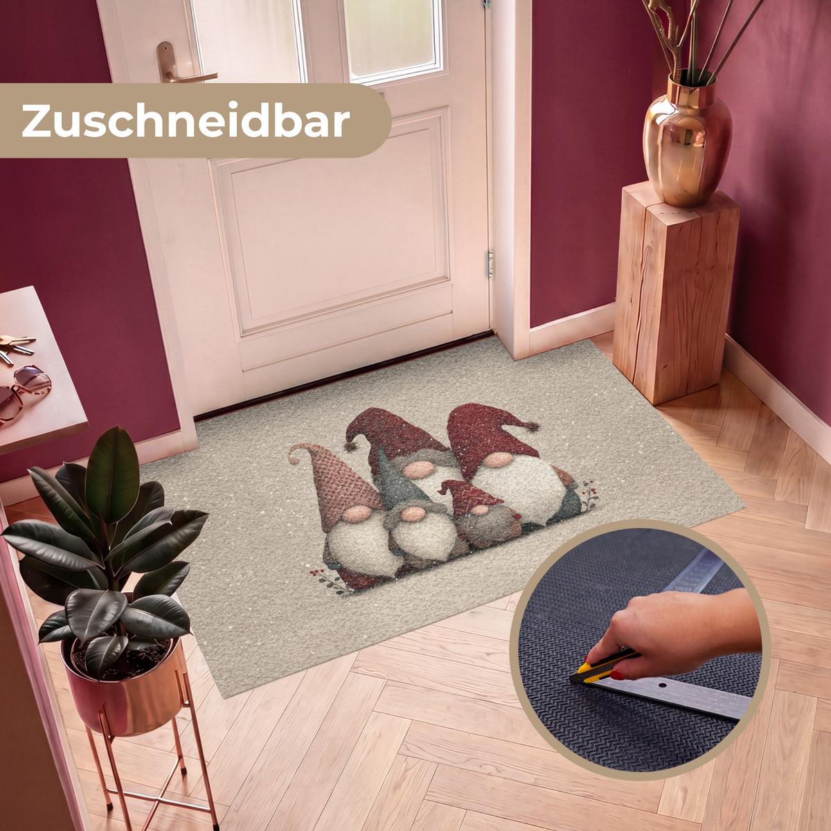 FUSSMATTE Wichtel - Weihnachten - Schnee - Zipfelmützen Türmatte 150x90 cm - Beige, Kunststoff (150/0.4cm) - MuchoWow