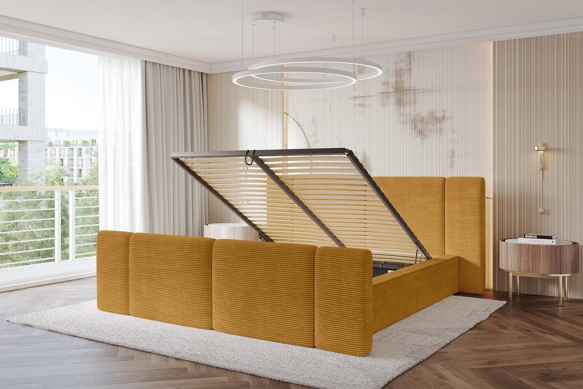 POLSTERBETT mit Bettkasten, Fußteil und Lattenrost, Bett mit Matratze H3/H4 - RIVO-Z 180x200 Senfgelb - Gelb, Holzwerkstoff/Textil (180/200cm) - ALTDECOR