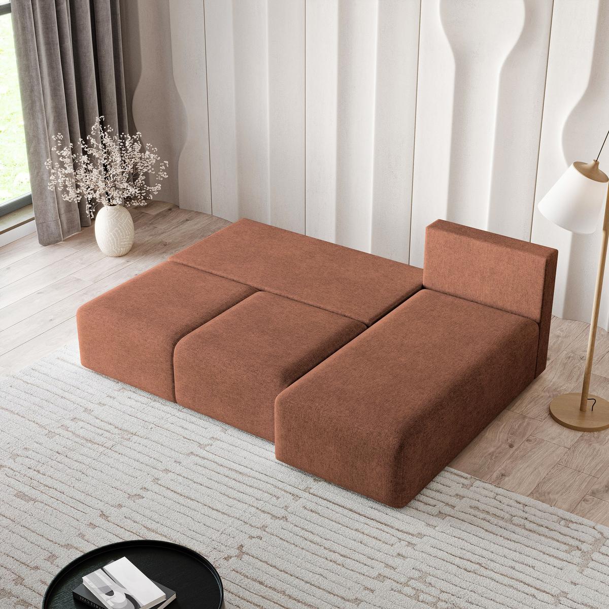 ECKSOFA TRAMA Kupferfarben Geflochtener Stoff mit Schlaffunktion - Kupferfarben, Holz (200/143cm) - MASSENO