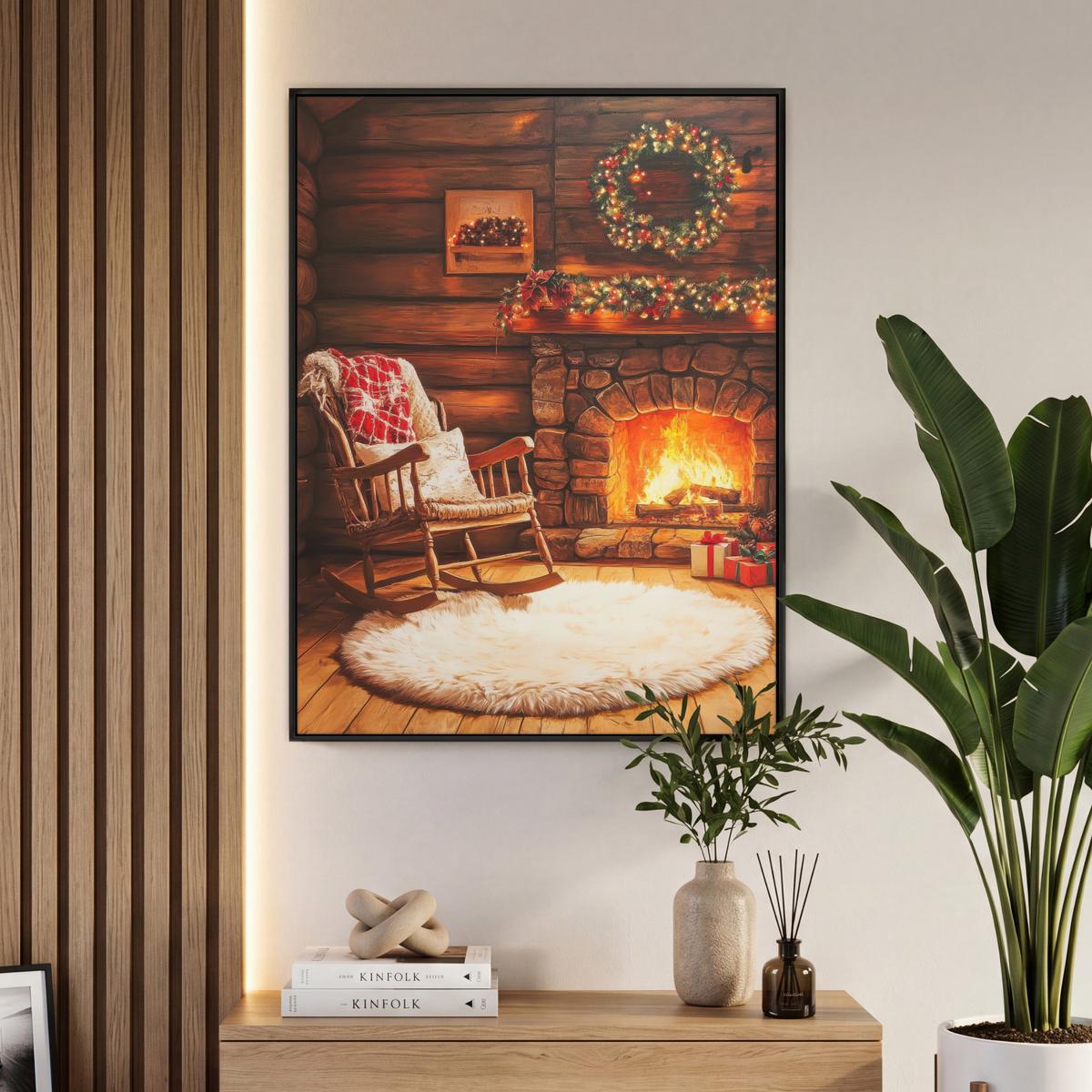 LEINWAND Bilder mit Rahmen - Winter - Weihnachten - Zuhause - Kamin - 70x100 - Bernsteinfarben, Textil (70/100cm) - MuchoWow
