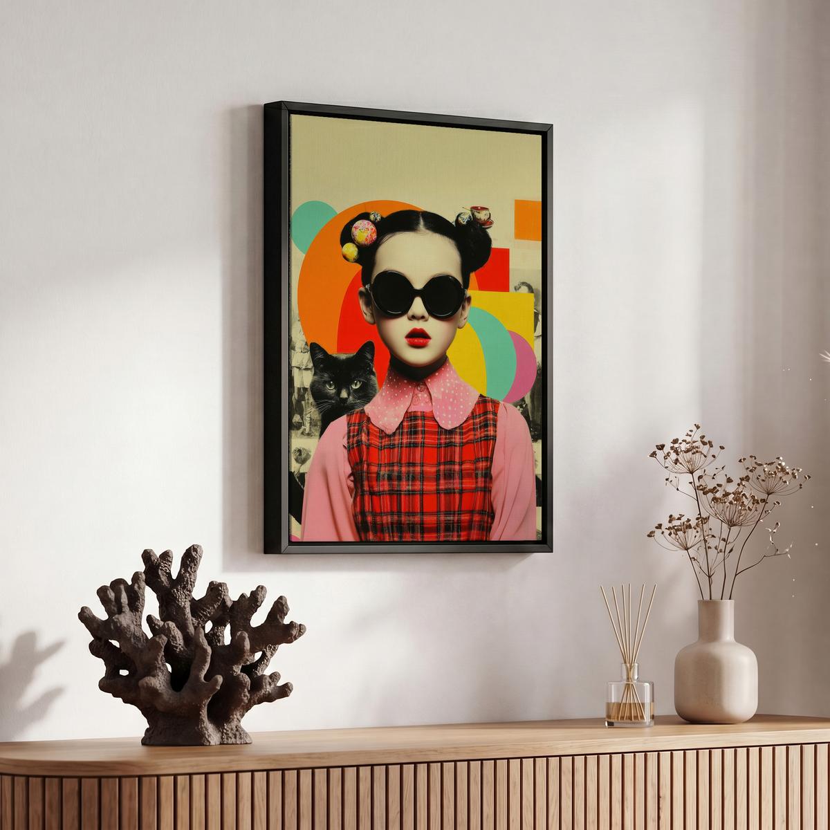 LEINWAND Bilder mit Rahmen - Mädchen - Sonnenbrille - Katze - Retro - 20x30 - Beige, Textil (20/30cm) - MuchoWow
