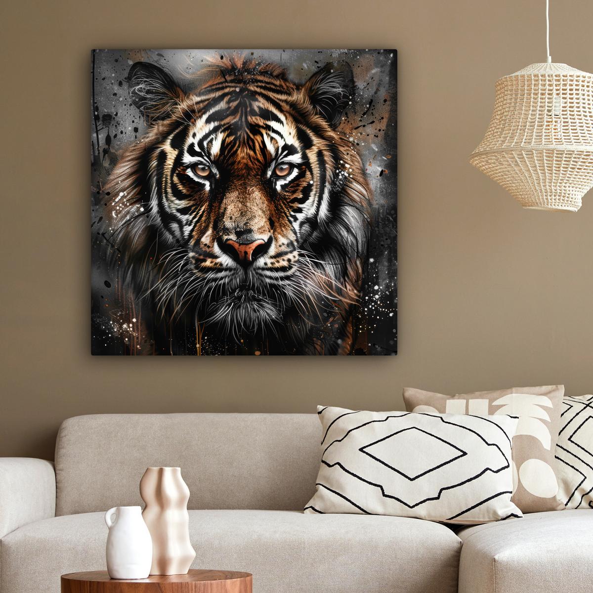 LEINWANDBILD Tiger - Tiere - Porträt - Luxus - Schwarz Deko Groß 90x90 cm - Anthrazit, Textil (90/90cm) - MuchoWow