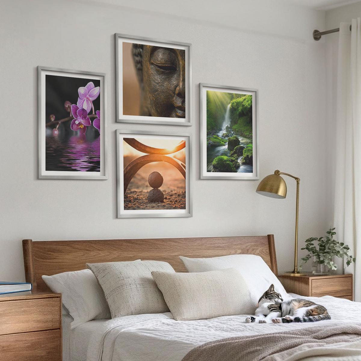 BILDER SET 4er Set - 50x50 cm & 40x60 cm Silberner Rahmen - Blumen im Wasser des Buddha-Wasserfalls - Silberfarben, Kunststoff (50/50cm) - TULUP