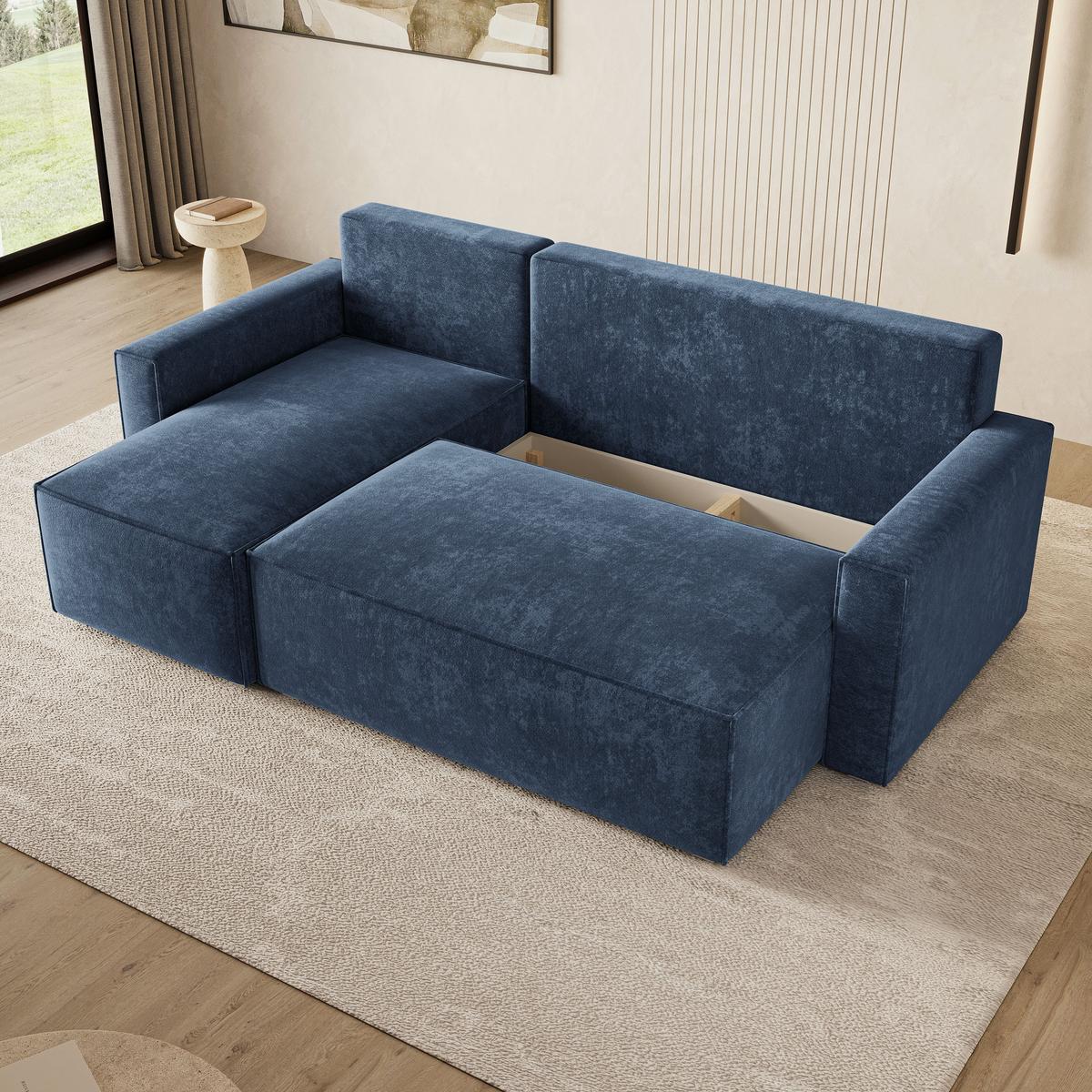 ECKSOFA POTARO LM Blau Chenille mit Schlaffunktion - Blau, Holzwerkstoff/Textil (232/140cm) - MASSENO