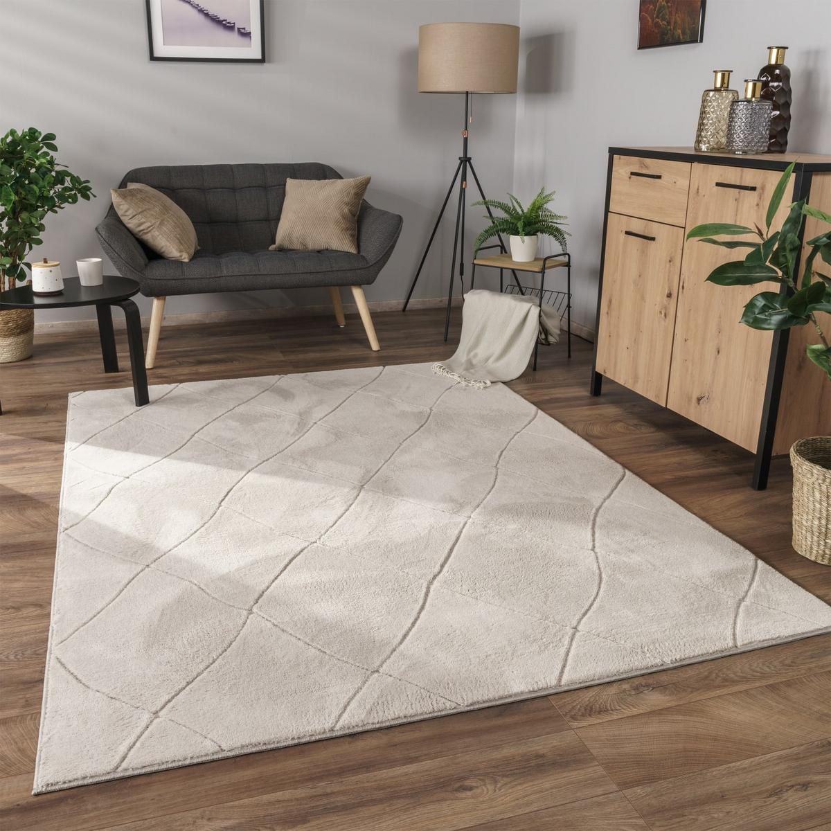KURZFLORTEPPICH Waschbar, mit Rauten-Struktur, Creme, 60 x 100 cm - Beige, Textil (100/60cm) - KADIMA DESIGN