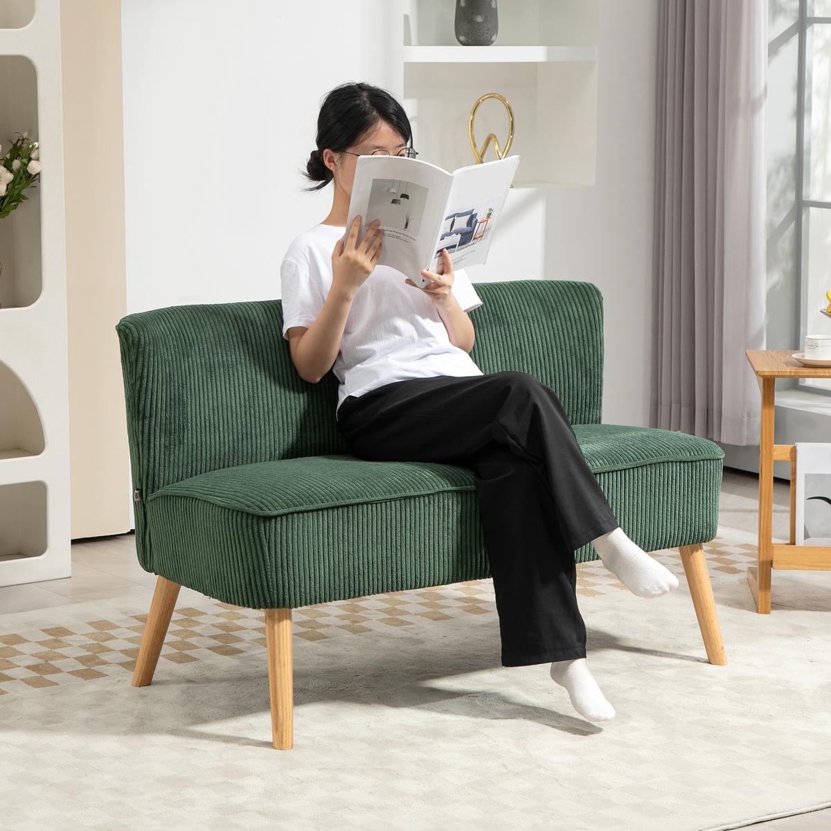 2 Sitzer Sofa, Gepolsterte Couch mit Kordoptik, Holzbeine für Wohnzimmer, Grün - Waldgrün/Naturfarben, Holz/Textil (56.5/77/117cm) - HOMCOM